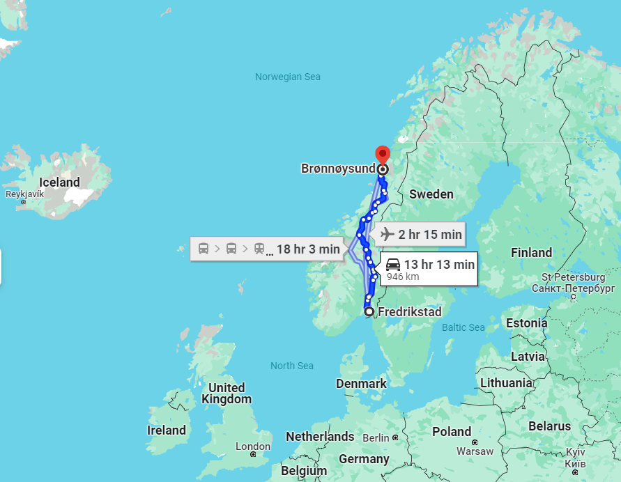 An illustration of travel distance between Åse's and Kristian's place of birth.