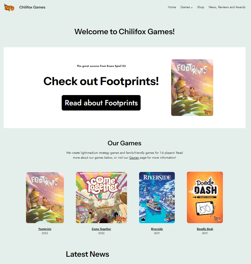 Image of the new website created for Chilifox Games